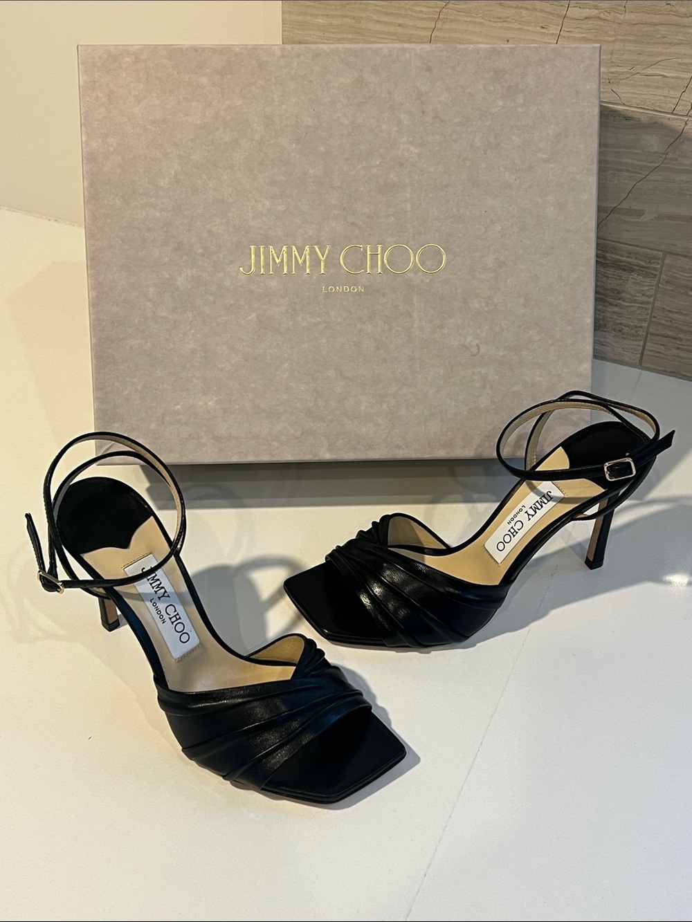 Jimmy Choo basil sandal 95 open toe black leather heels 36.5